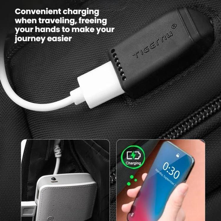 حقيبة ظهر رجالية مضادة للسرقة لأجهزة الكمبيوتر المحمولة مع منفذ شحن USB وشرائط عاكسة وقفل TSA، Tigernu قياسي، Tigernu قابل للتوسيع