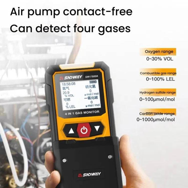 SNDWAY SW7500A 4 In 1 Gas Detector Combustible Gas Oxygen Hydrogen Sulfide Toxic and Harmful Detection Explosion-proof, Standard, With Pump Suction