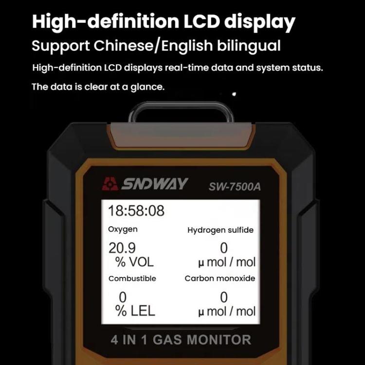 SNDWAY SW7500A 4 In 1 Gas Detector Combustible Gas Oxygen Hydrogen Sulfide Toxic and Harmful Detection Explosion-proof, Standard, With Pump Suction