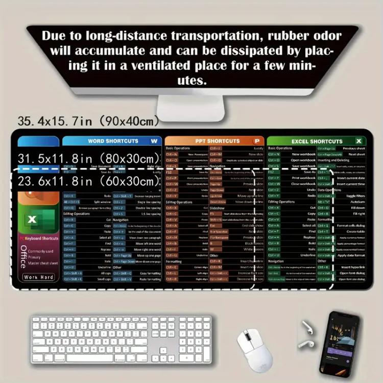 Keyboard Shortcut Desk Mat Mouse Pad Non-Slip Office Desk Pad With Computer Commands, 400x900x3mm