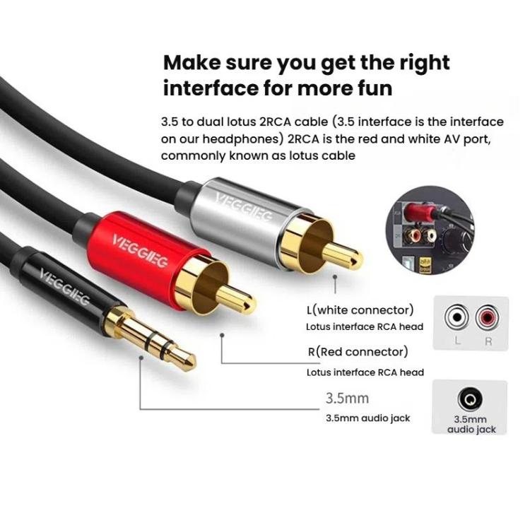 VEGGIEG 3.5mm 3.5 To 2RCA Audio Cable Cell Phone Computer Speaker Connection Cable, 1m, 1.5m, 2m, 3m, 5m, 8m, 10m