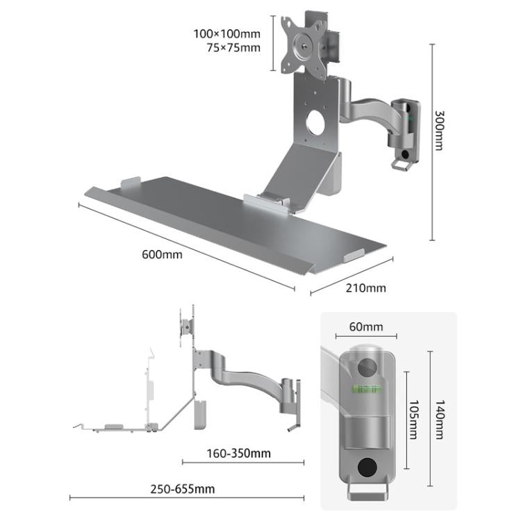 Monitor Bracket Industrial Equipment Cabinet Wall Mount All-In-One Stand Mouse Keyboard Bracket, WKS-1 21x60cm Tray Silver, WKS-1 21x60cm Tray Black, WKS-2 21x60cm Tray Silver, WKS-2 21x60cm Tray Black