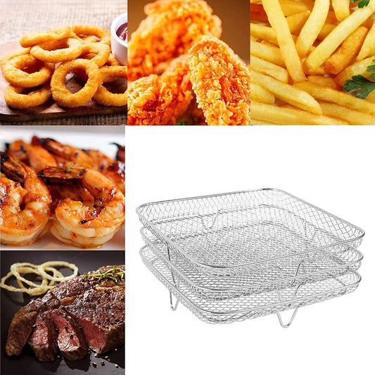 3-Layer Square Air Fryer Steam & Dehydration Rack – Stackable Stainless Steel Cooking Accessory