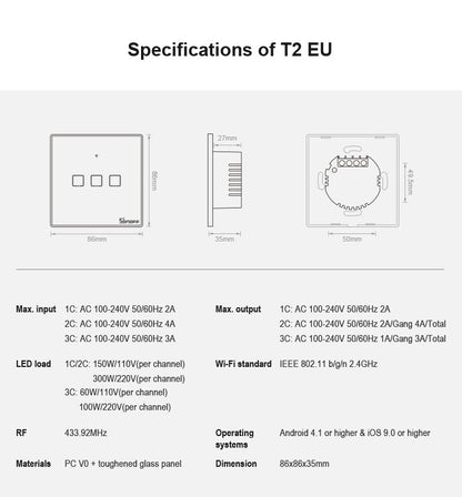 Sonoff T2 Touch 86mm Tempered Glass Panel Wall Switch Smart Home Light Touch Switch, Compatible with Alexa and Google Home, AC 100V-240V, EU Plug, 86mm/ 3 EU Plug