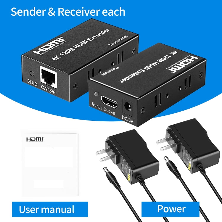 4K HDMI to RJ45 Network Extender, Transmission Distance: 120m, US Plug, UK Plug, AU Plug