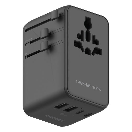 شاحن MOMAX UA23 1-World 2 صغير عالمي للسفر بأربعة منافذ GaN بقوة 100 وات مع تيار متردد مزدوج، UA23D