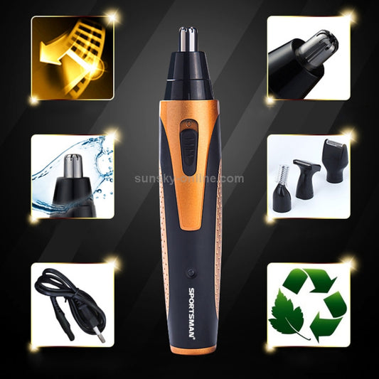 SPORTSMAN 4-in-1 Rechargeable Electric Nose & Ear Hair Trimmer, Beard Shaver, Eyebrow & Face Grooming Kit for Men – EU Plug (Gold)