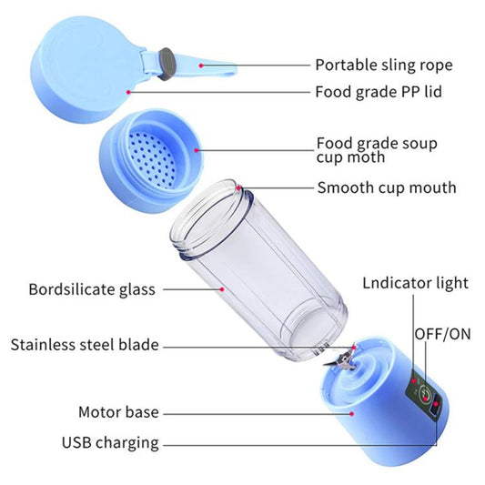 USB Rechargeable Electric Automatic Vegetable Fruit Citrus Orange Juice Maker Cup Mixer Bottle (380ML)(6 Blades Blue)
