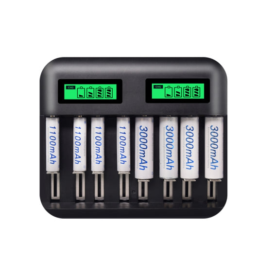 شاحن بطارية 5 فولت 2 أمبير بمنفذ USB و8 فتحات للبطاريات AA وAAA وC/D، مع شاشة LCD