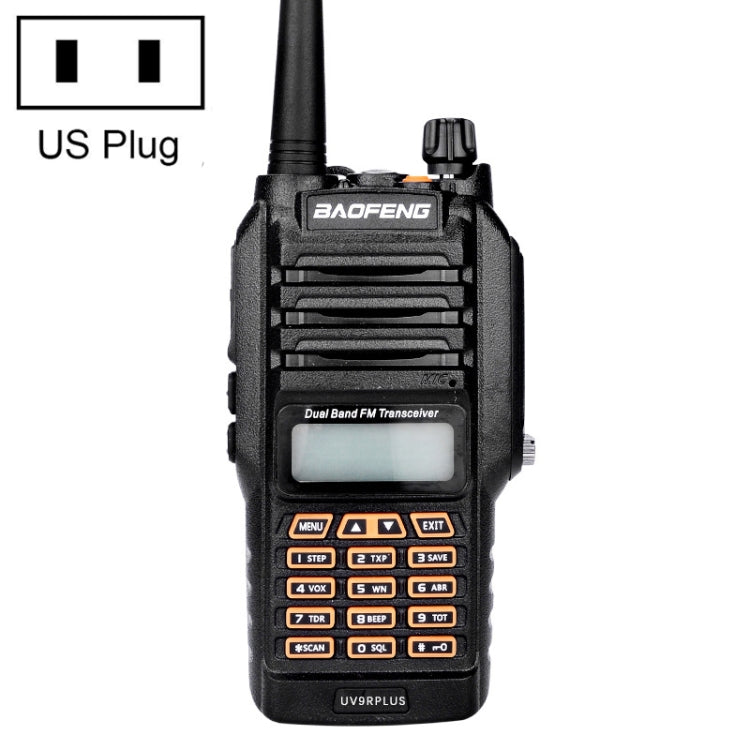 جهاز اتصال لاسلكي محمول باليد ثنائي النطاق مقاوم للماء من باوفينج BF-UV9R Plus بقوة 10 وات، مزود بمقبس أمريكي، طراز BF-UV9Rplus