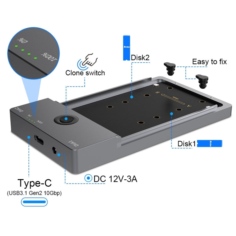 Rocketek ME921 USB3.1 Gen2 Dual M.2 Solid State Drive Box NVMe Docking Station, UK Plug, UK Plug