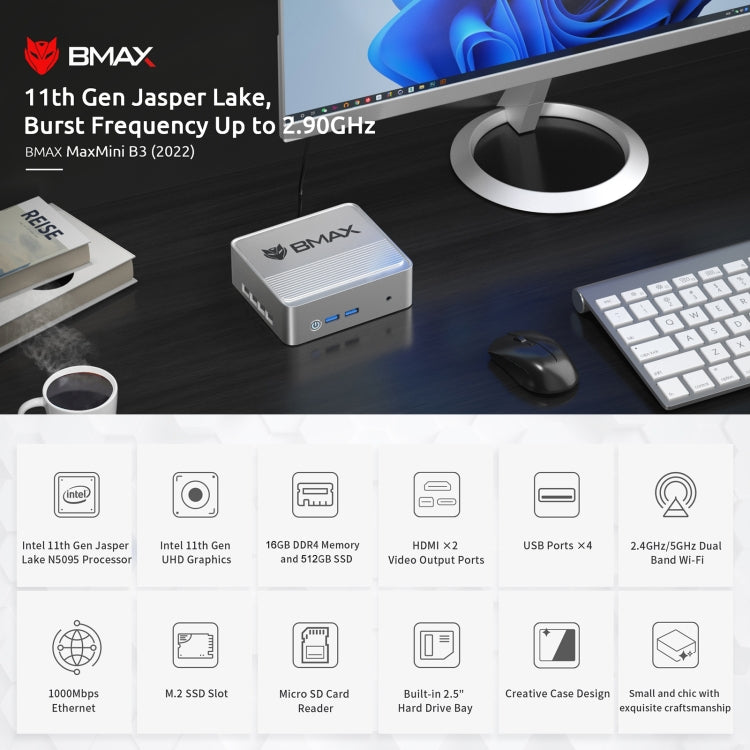 كمبيوتر شخصي صغير BMAX B3 يعمل بنظام Windows 11، سعة 16 جيجابايت + 512 جيجابايت، معالج Intel Jasper Lake N5095، يدعم HDMI / RJ45 / بطاقة TF، قابس أمريكي، B3 2022 سعة 16 جيجابايت + 512 جيجابايت