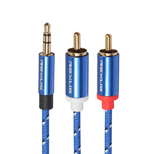 كابل صوت REXLIS 3610 مقاس 3.5 مم ذكر إلى قابس RCA مزدوج مطلي بالذهب من القطن الأزرق مضفر لواجهة إدخال RCA ومكبر صوت نشط، الطول: 3 أمتار، الطول: 3 أمتار