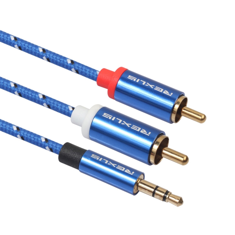 REXLIS 3610 3.5mm Male to Dual RCA Gold-plated Plug Blue Cotton Braided Audio Cable for RCA Input Interface Active Speaker, Length: 3m, Length: 3m