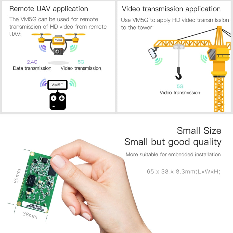 وحدة واي فاي ثنائية النطاق VM5G بسرعة 1200 ميجابت في الثانية وتردد 2.4 جيجاهرتز و5 جيجاهرتز مع 4 هوائيات، تدعم النقل الشفاف لطبقة IP / طبقة MAC، تُستخدم في المكرر / الجسر ونقطة الوصول ونقل الفيديو عن بُعد