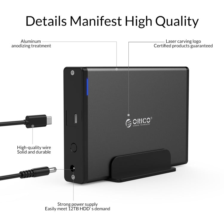 علبة قرص صلب محمول ORICO 7688C3 سعة 8 تيرابايت مقاس 3.5 بوصة بمنفذ USB-C / Type-C مع قاعدة قابلة للفصل، طول الكابل: 1 متر