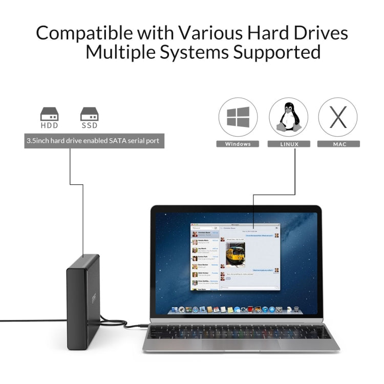 علبة قرص صلب محمول ORICO 7688C3 سعة 8 تيرابايت مقاس 3.5 بوصة بمنفذ USB-C / Type-C مع قاعدة قابلة للفصل، طول الكابل: 1 متر