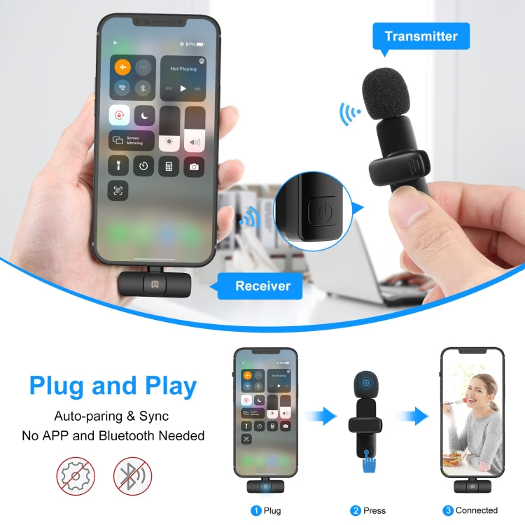 PULUZ Wireless Lavalier Noise Reduction Reverb Microphones for iPhone / iPad, 8-Pin Receiver Dual Microphones, 8-Pin Receiver and Dual Microphones