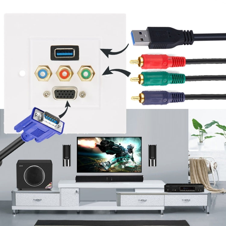 لوحة حائط بمقبس USB 3.0 أنثى + 3 مقابس RCA أنثى + مقبس VGA أنثى