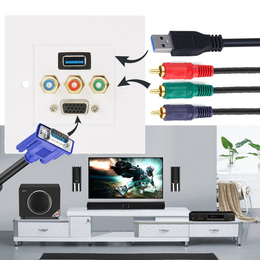 لوحة حائط بمقبس USB 3.0 أنثى + 3 مقابس RCA أنثى + مقبس VGA أنثى