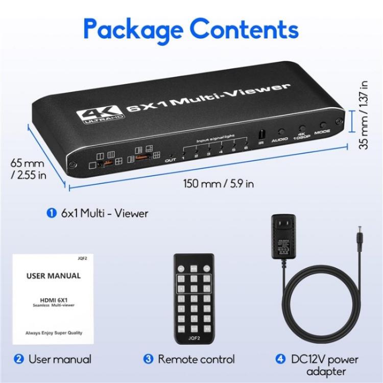 موزع شاشة JQF2 4K سلس، أوضاع عرض متعددة، 6 في 1 مخرج HDMI متعدد المشاهد، قابس أمريكي، قابس أوروبي
