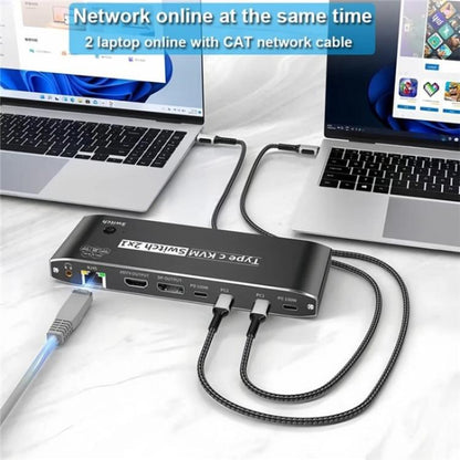 K8 With RJ45 Ethernet Port 2 In 1 Out Type C KVM Switcher 7 USB 2.0 Ports Docking Station, K8