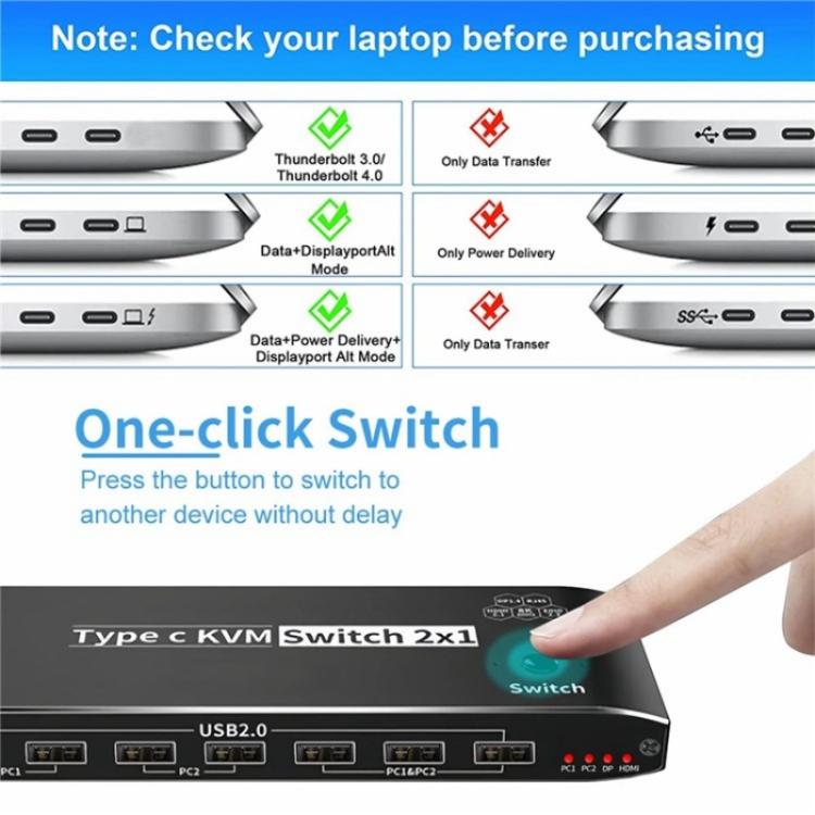 K8 With RJ45 Ethernet Port 2 In 1 Out Type C KVM Switcher 7 USB 2.0 Ports Docking Station, K8