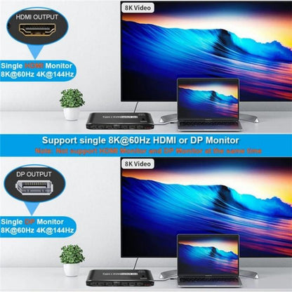 K8 With RJ45 Ethernet Port 2 In 1 Out Type C KVM Switcher 7 USB 2.0 Ports Docking Station, K8