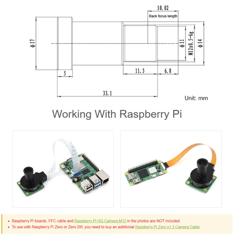Waveshare WS0698012 For Raspberry Pi M12 High Resolution Lens, 12MP, 69.5 Degree FOV, 8mm Focal Length, 23968, 23968
