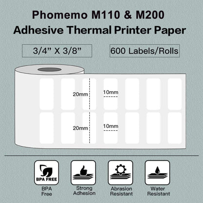 For Phomemo M110 / M200 600pcs /Roll 20x10mm Square Self-Adhesive Thermal Labels on White Background, 600pcs /Roll 20x10mm