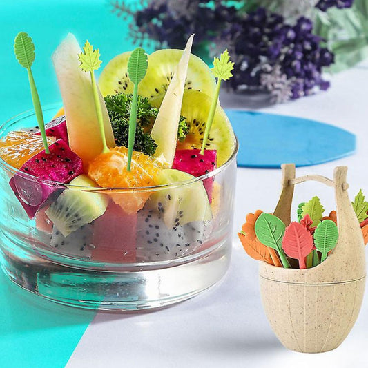 16pcs Fruit Forks + 1pc Barrel Mini Wheat Fiber Material Tableware Set Snack Dessert Forks