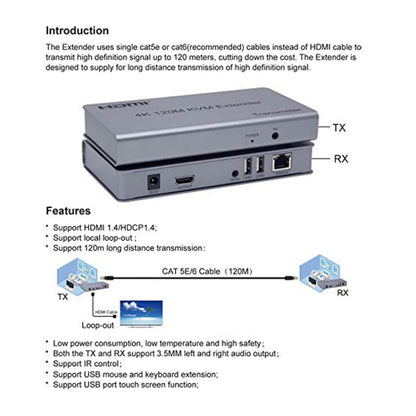 KVM 120m 4K HD Extender Computer Mouse Keyboard HDMI Single Ethernet Cable Transmitter + Receiver, US Plug, UK Plug, EU Plug