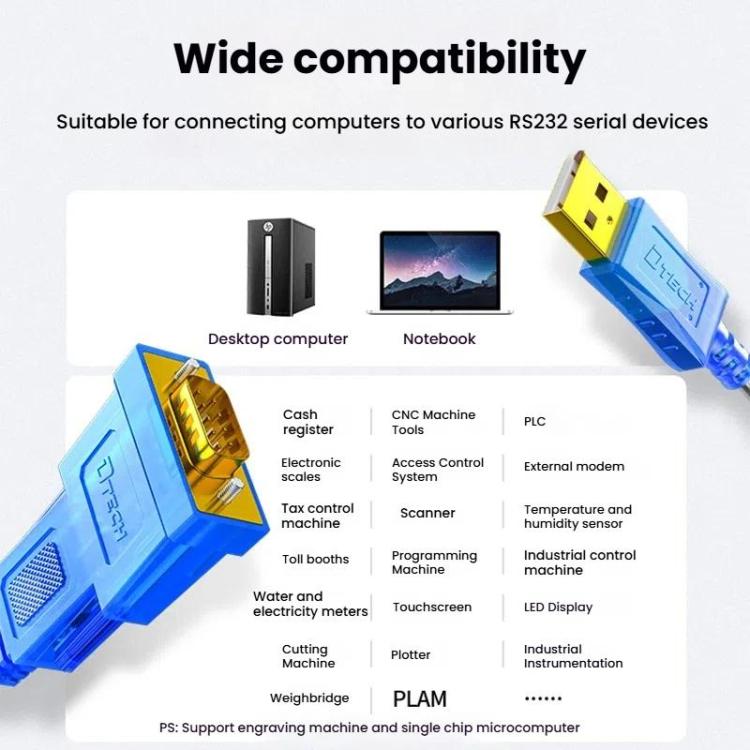 كابل محول تسلسلي DTECH DT-5011 USB 2.0 إلى RS232، ثنائي الشريحة FT232 وZT213 مع مؤشر LED، 0.5 متر، 1 متر، 1.5 متر، 2 متر، 3 متر، 5 متر