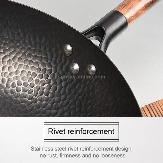 32cm with Wooden Cover Vintage Traditional Handmade Uncoated Wok Pan
