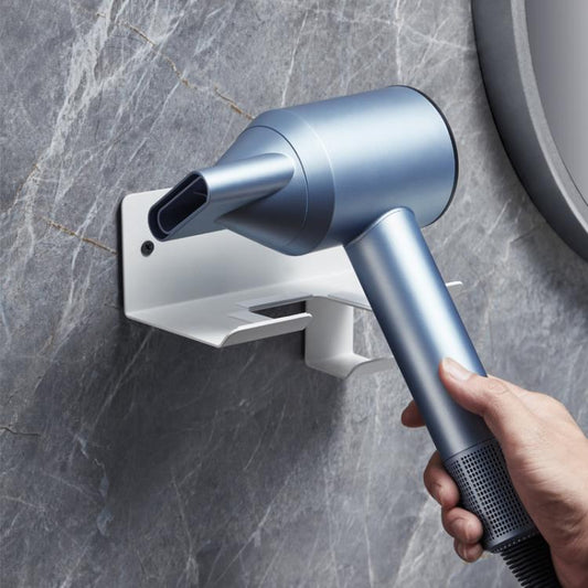 Wall-Mounted Hair Dryer Holder with Cord Organizer – Bathroom Storage Rack for Blow Dryer (White)"